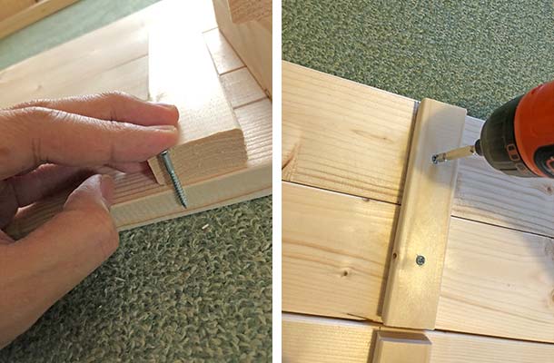 1×4材を2枚並べて使用するので2枚の板をくっ付ける作業から
