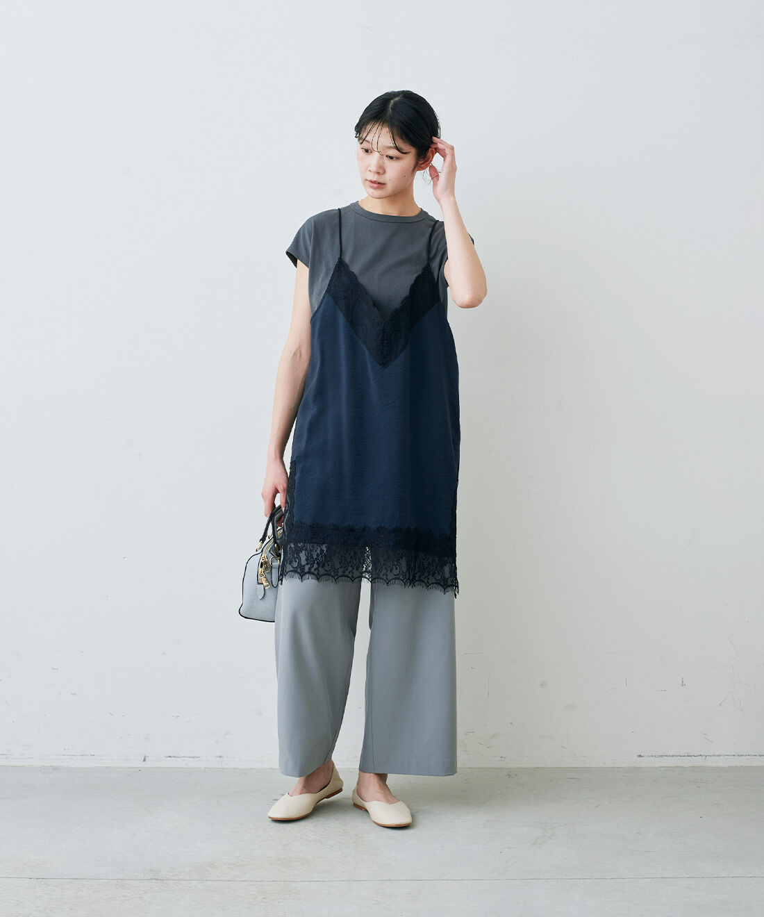 IEDIT|IEDIT[イディット]　接触冷感・吸汗速乾・UVカット スーさらエアノビ 涼やかタックワイドパンツ|モデル身長：163cm　着用サイズ：M