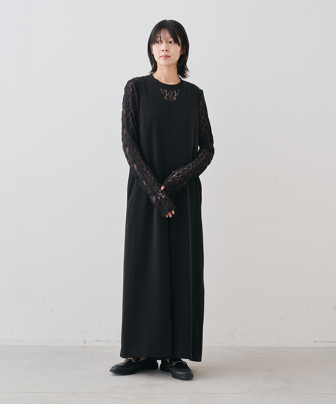 MEDE19F|タックデザイン ダブルクロス オールインワン〈ブラック〉のコーディネート