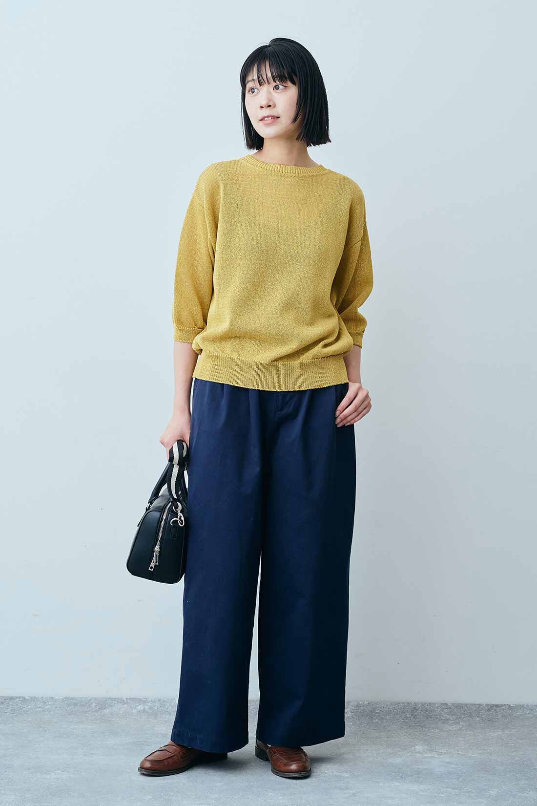 THREE FIFTY STANDARD|THREE FIFTY STANDARD タックチノワイドパンツ〈ネイビー〉|モデル身長：163cm　着用サイズ：M