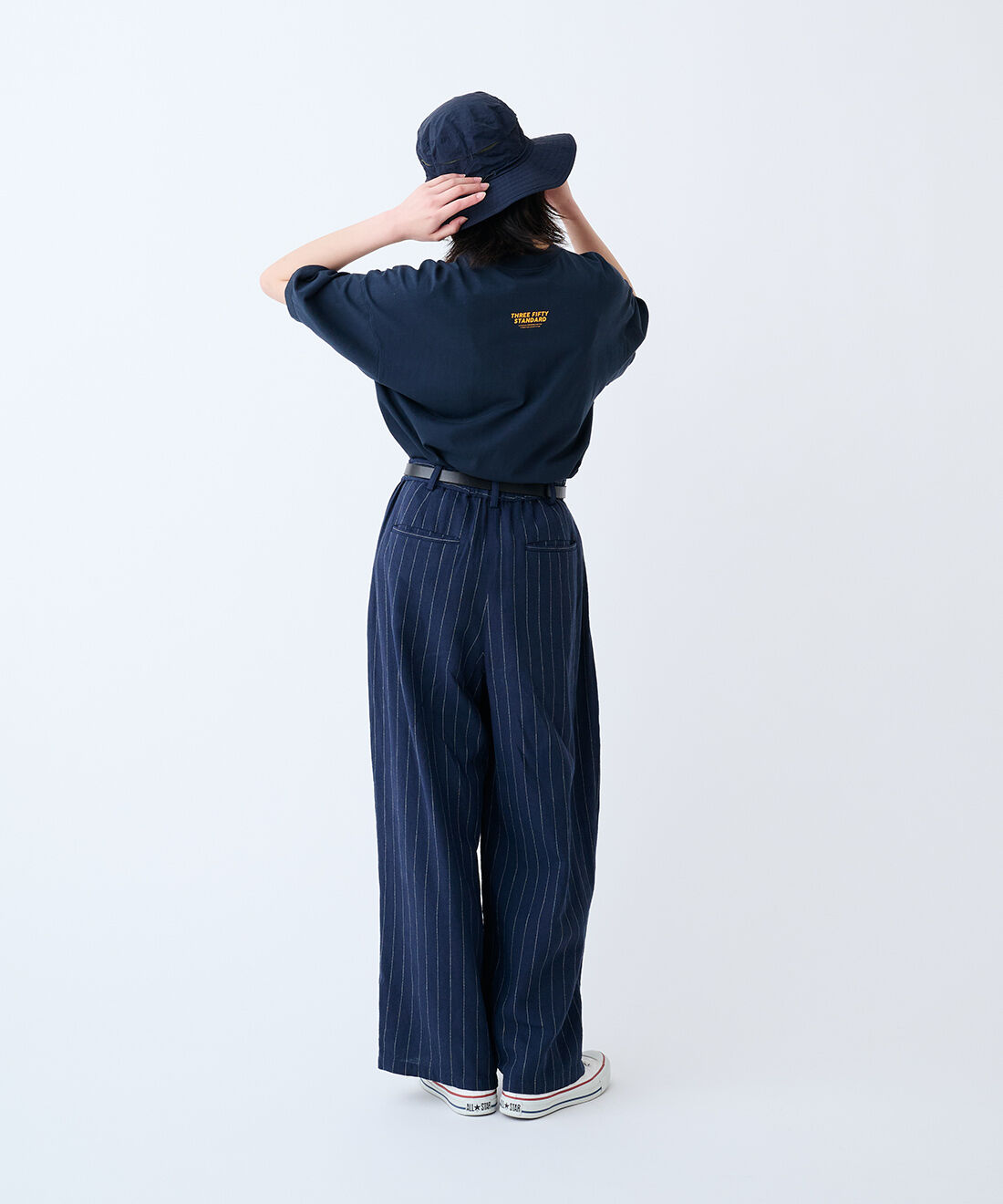 THREE FIFTY STANDARD|麻混ストライプワイドパンツ〈ネイビー〉のコーディネート