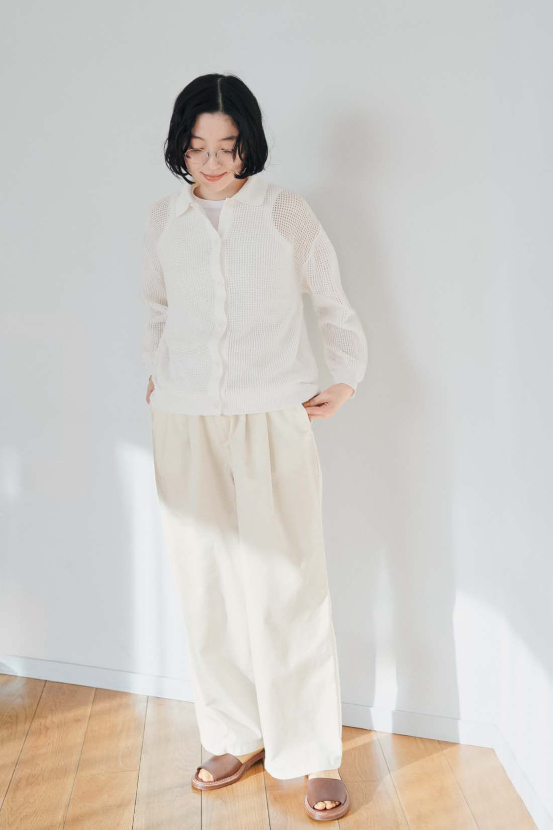 THREE FIFTY STANDARD|衿付きニット透かし編みカーディガン〈オフホワイト〉のコーディネート