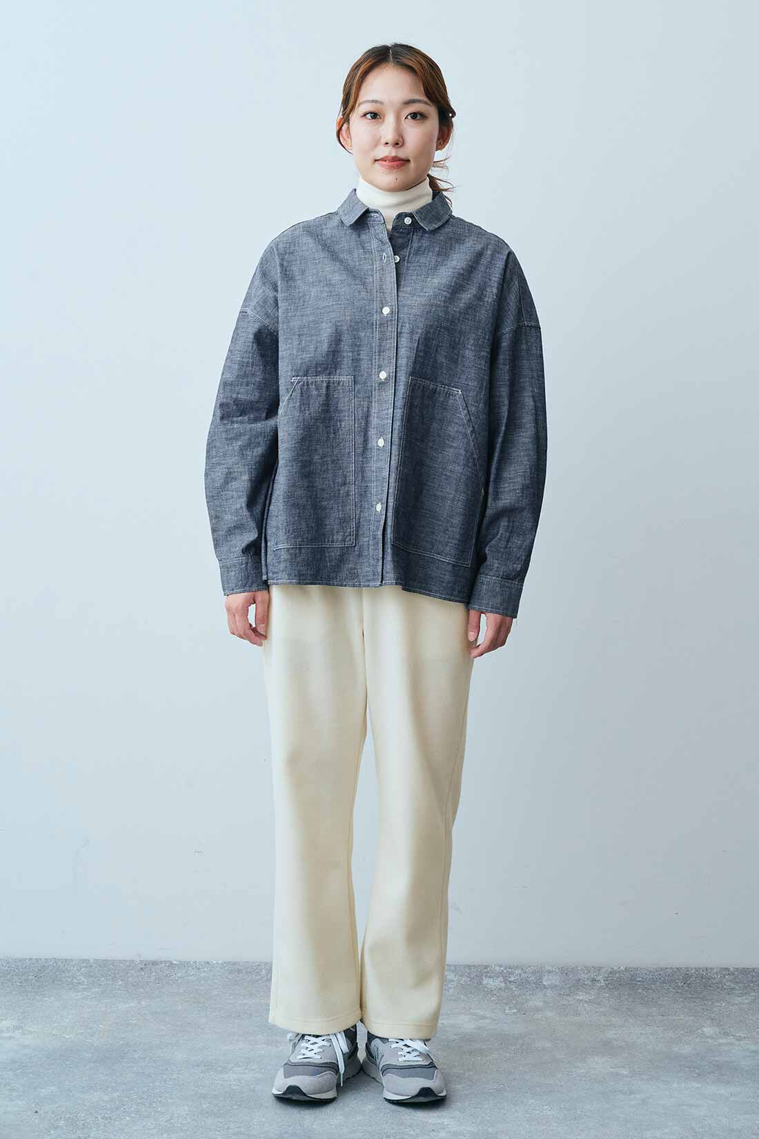 THREE FIFTY STANDARD|シャンブレーのシャツジャケット　ＴＦＳとあったか両面起毛タートルＴＦＳのコーディネート