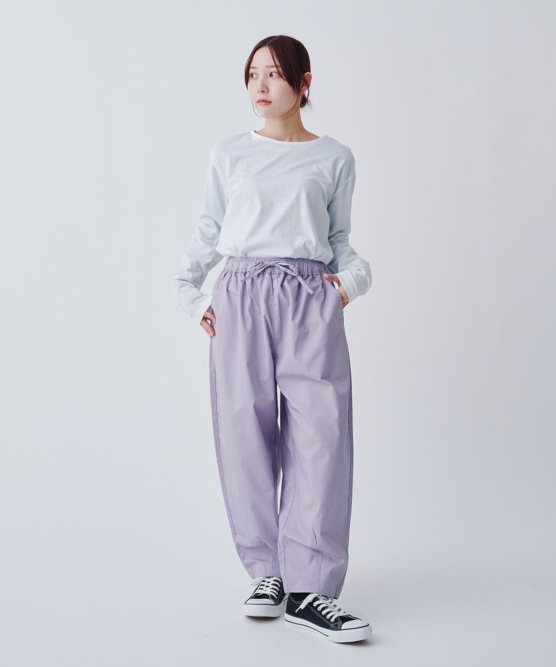 Live in  comfort|UVカット＆吸汗速乾機能のすっきり見えぷっかりバレルパンツ〈パープル〉のコーディネート|【着用サイズ】トップス：M　パンツ：２（MP）