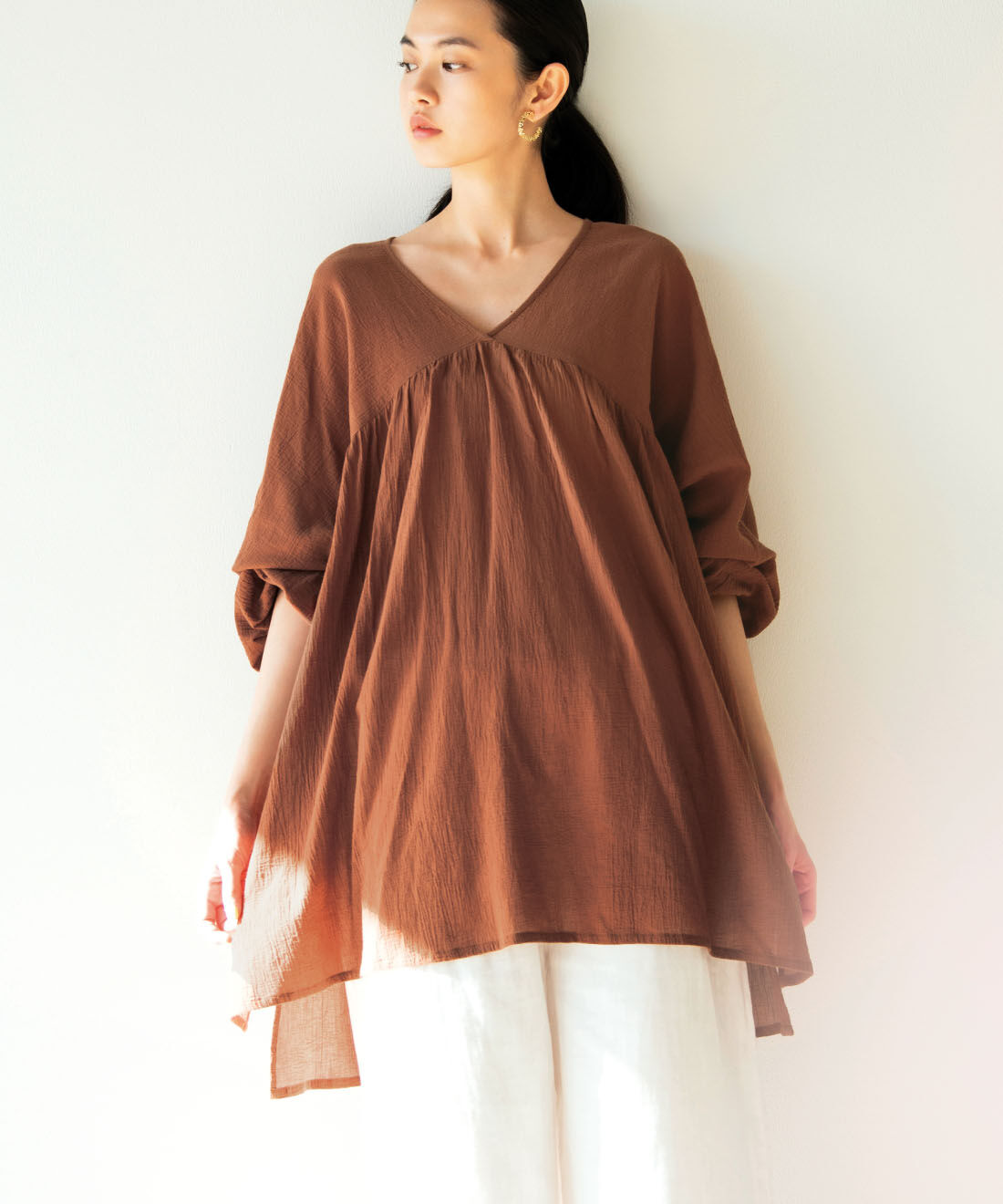 mensha! | シングル楊柳ガーゼ ギャザーカフタンチュニック
