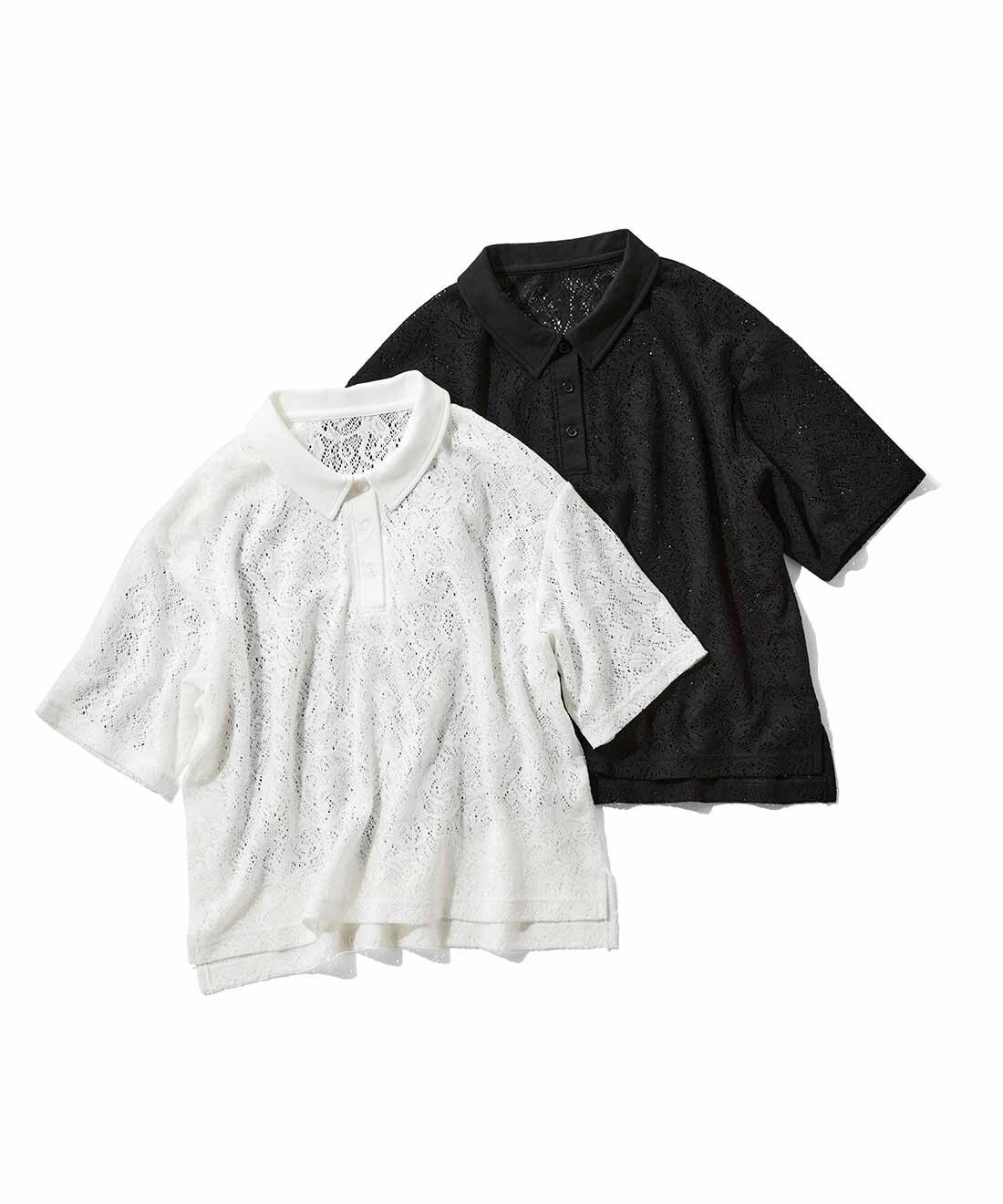 Live in comfort［リブインコンフォート］|リブ イン コンフォート　ぐいーっと伸びる 華やかレースがほどよく映える 衿付きトップス〈ブラック〉