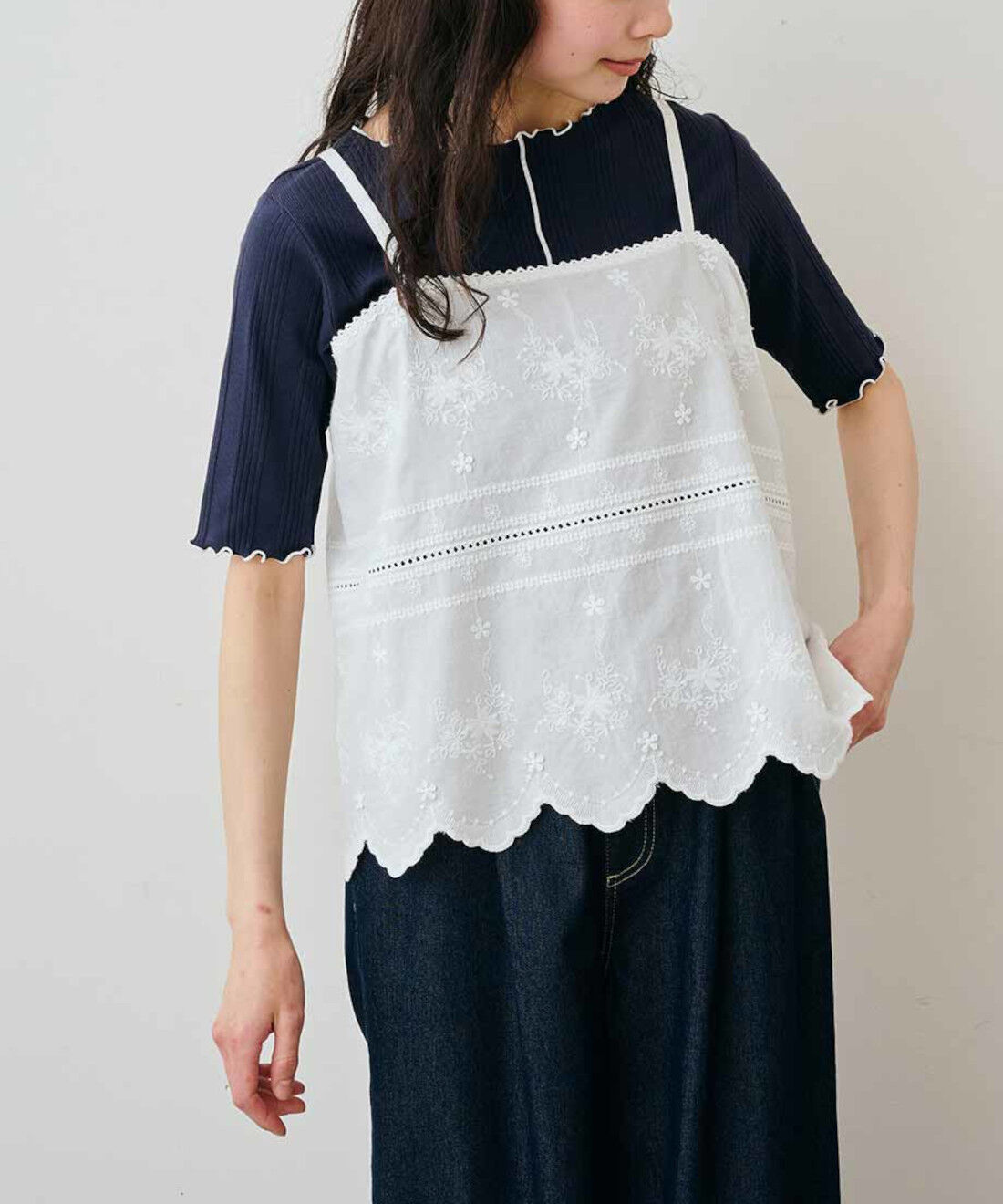 Live in comfort［リブインコンフォート］|リブ イン コンフォート　人気スタイリスト 石上 美津江さんとつくった スカラップレースのキャミソールビスチェ〈オフホワイト〉