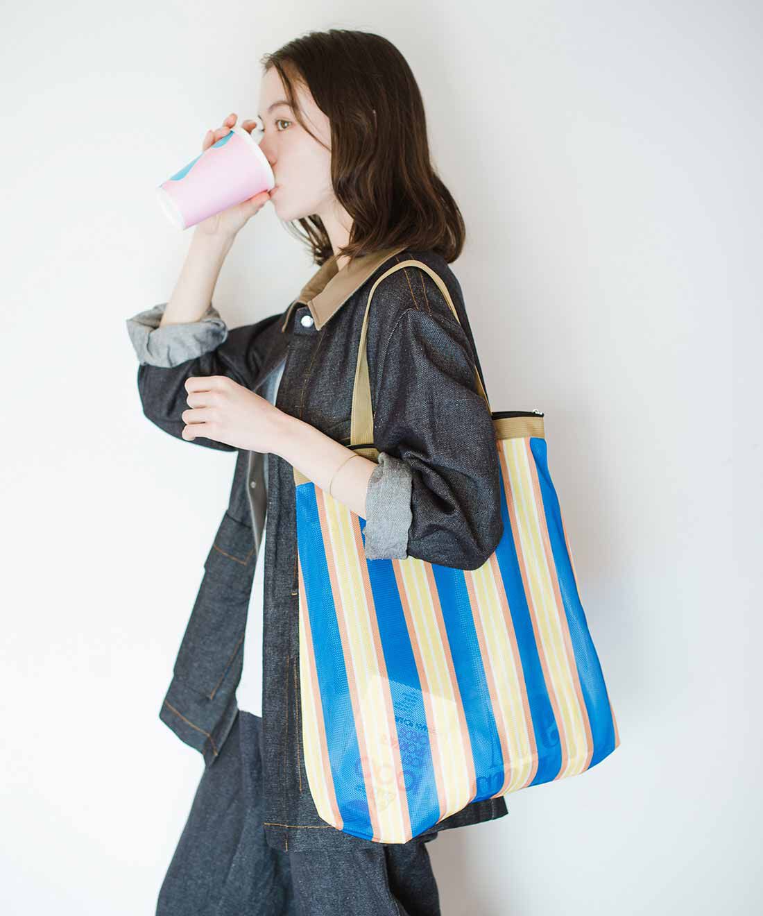 flufeel|消臭ポーチ付き　配色マルチストライプが華やか　マルシェトートバッグの会