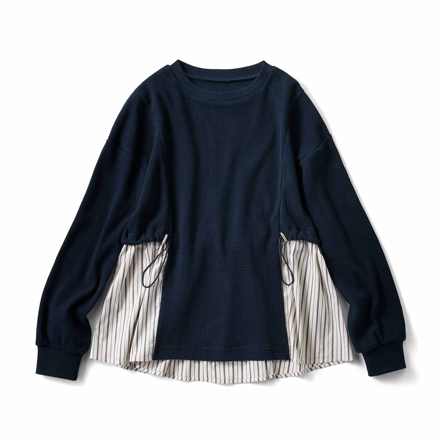 Live in  comfort|ワッフル素材のきれいめ切り替えトップス〈ネイビー〉